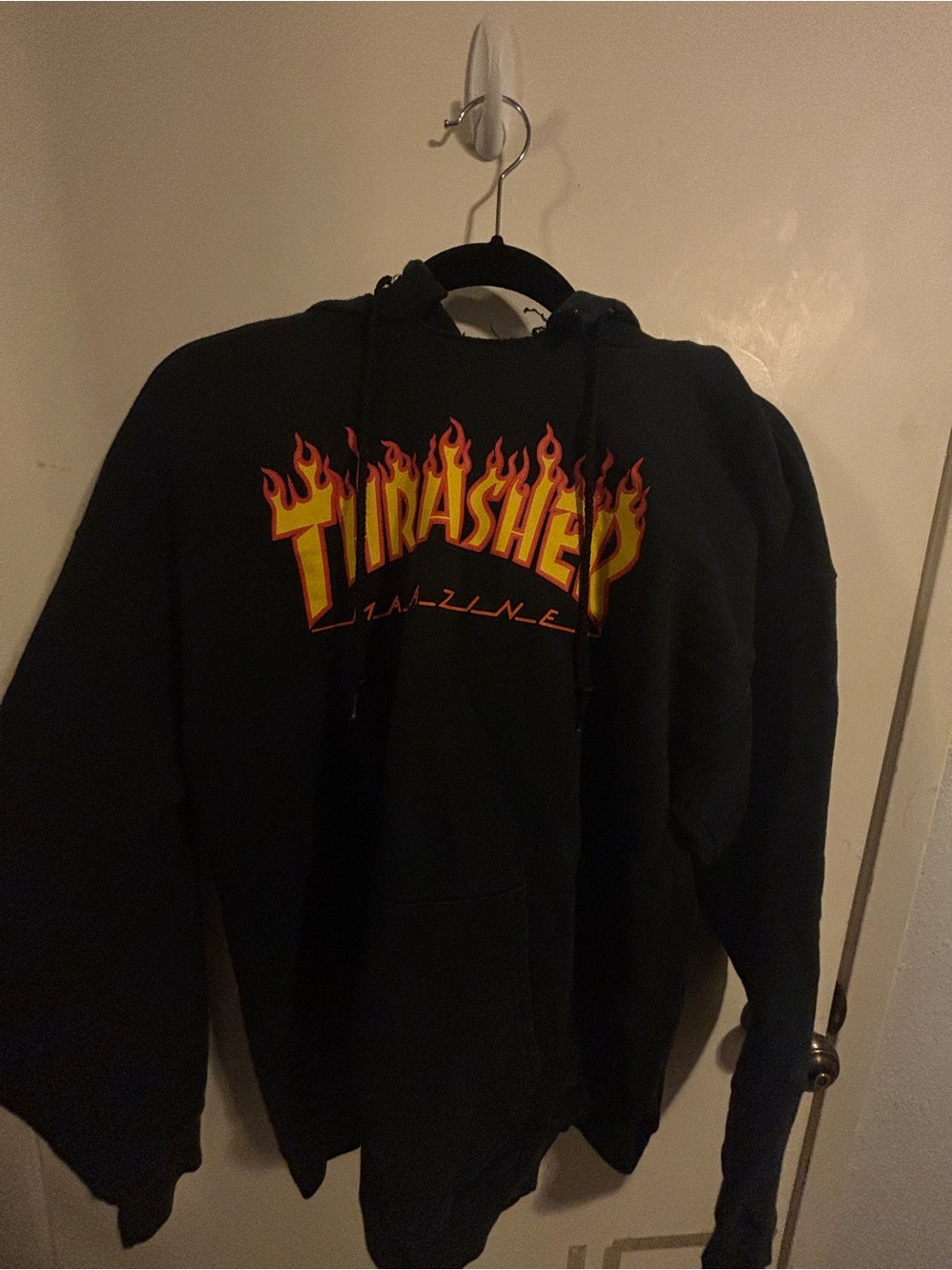 Thrasher Black Hoodie with Red and Yellow Flame Logo